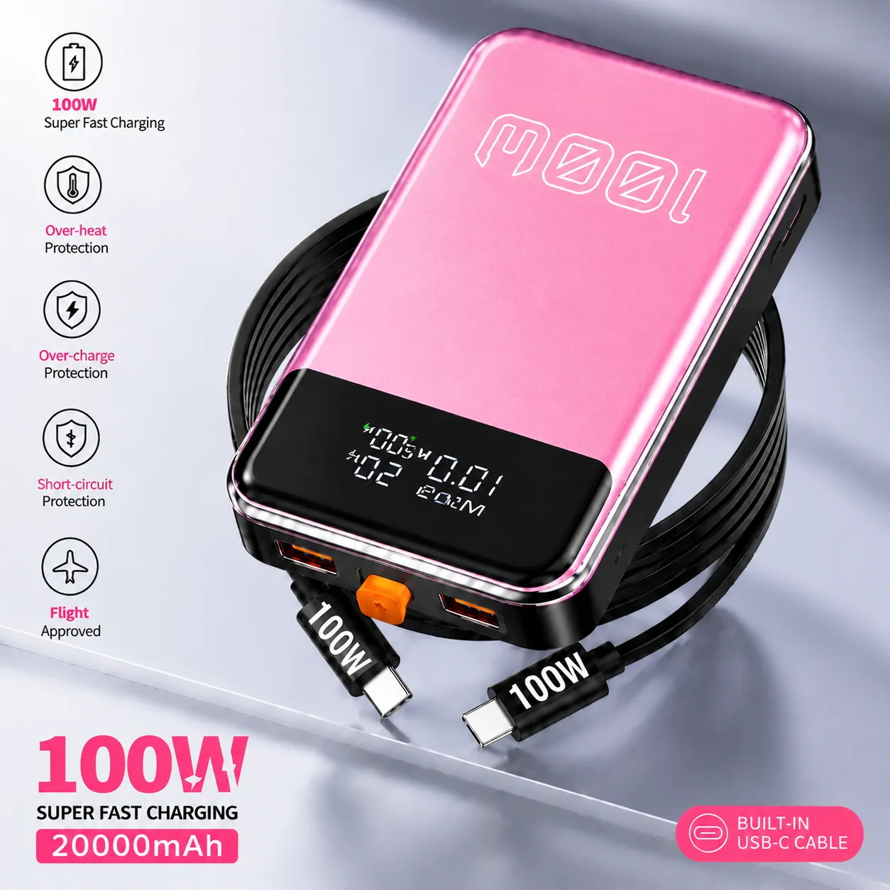 100W Fast Charging Power Bank 20000mAh with Built-in USB-C Cable